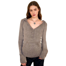 (L, Brown) Pull à capuche en maille pour femme, automne, manches longues, couleur unie, fermeture boutonnée, une poche kangourou