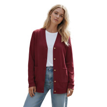 (M, Red) Gilet cardigan d'automne pour femme, manches longues, jacquard, fermeture boutonnée, 2 poches