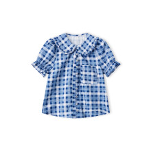 (L, Blue) Chemise d'été à carreaux pour femme, manches courtes, col rond à volants, boutonnée, décontractée