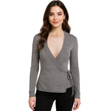 (S, Gray) Gilet cache-cœur en maille pour femme, élégant, col en V, manches longues, idéal pour l'automne et l'hiver.