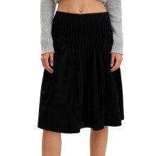 (S, Black) Saia midi feminina de verão, casual e elegante, com pregas na cintura, ideal para praia e uso urbano.