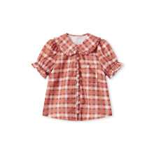 (L, Coral Red) Chemise d'été à carreaux pour femme, manches courtes, col rond à volants, boutonnée, décontractée