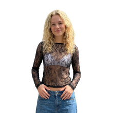 (L, Black) T-shirt femme, manches longues, col rond, dentelle transparente brillante, coupe slim, idéal pour les soirées.