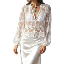 (S, White) Chemises en dentelle V pour femmes, manches longues lanternes, coupe ample et transparente