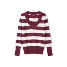 (S, Burgundy) Pulls en maille rayée à manches longues et col en V pour femme, coupe ajustée, automne-hiver