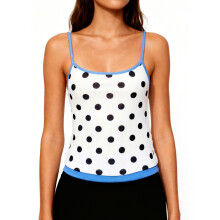 (S, Blue) Débardeur femme sans manches, dos nu, à pois, coupe ajustée, parfait pour l'été et les soirées.