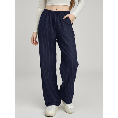 (L, Dark Blue) Γυναικείο ριγέ παντελόνι άνετο casual. 2