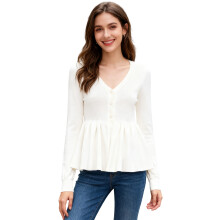 (L, White) Pulls à volants en maille pour femmes, coupe slim, col V profond, manches longues, style tendance automne