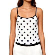 (S, Black) Débardeur femme sans manches, dos nu, à pois, coupe ajustée, parfait pour l'été et les soirées.