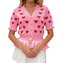 (XL, Pink) Gilet cardigan femme en maille, motifs cœurs, ourlet volanté, col V, manches courtes