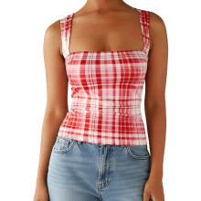 (L, Red) Débardeurs à carreaux pour femmes, été tendance, polyvalents, sans manches, coupe ajustée, gilet de sortie