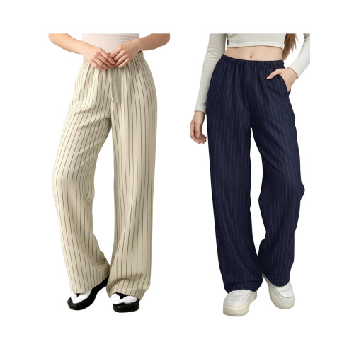 (S, Ivory) Γυναικείο ριγέ παντελόνι άνετο casual. 1