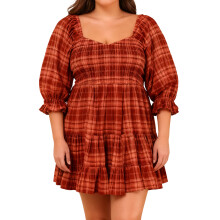 (XXXL, Orange) Robe carree grande taille femme, robe d'été à manches 3/4 smockées et ourlet volanté, mini-robe