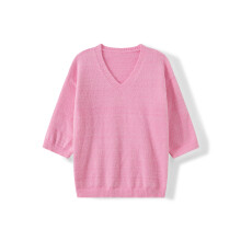 (M, Pink) Pull en maille pour femme, automne, manches longues, col V, couleur unie, coupe ample et décontractée