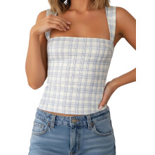 (XL, Light Blue) Débardeurs à carreaux pour femmes, été tendance, polyvalents, sans manches, coupe ajustée, gilet de sortie
