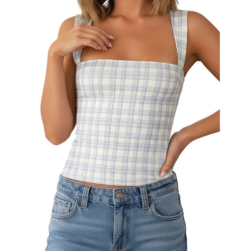 (XL, Light Blue) Γυναικείο καρό φανελάκι για εξορμήσεις