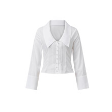 (L, White) Chemises à col pour femmes, couleur unie tendance, manches longues, coupe ajustée, boutonnée