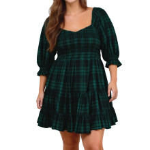 (XXL, Green) Robe carree grande taille femme, robe d'été à manches 3/4 smockées et ourlet volanté, mini-robe