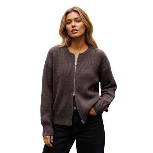 (L, Dark Brown) Γυναικείο Φθινοπωρινό Πουλόβερ Λαιμόκοψη, Μονόχρωμο