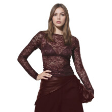 (XL, Dark Brown) T-shirt femme, manches longues, col rond, dentelle transparente brillante, coupe slim, idéal pour les soirées.