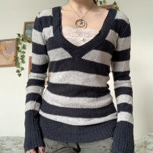 (L, Black) Pulls en maille rayée à manches longues et col en V pour femme, coupe ajustée, automne-hiver