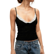 (M, Black) Débardeur femme col V, sans manches, dos nu, dentelle, à pois, coupe ajustée, parfait pour l'été et les soirées.