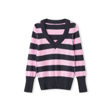 (S, Pink) Pulls en maille rayée à manches longues et col en V pour femme, coupe ajustée, automne-hiver