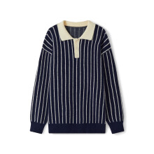 (S, Blue) Pull rayé ample pour femme, col demi-boutonné, manches longues, idéal pour l'hiver et l'automne.