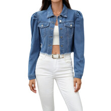 (L, Blue) Giacca di jeans corta da donna, casual, a maniche lunghe, con bottoni, stile boyfriend, giacca da motociclista