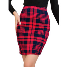 (XL, Red) Saia lápis feminina xadrez, casual, cintura alta, até o joelho, ideal para praia, férias e balada.