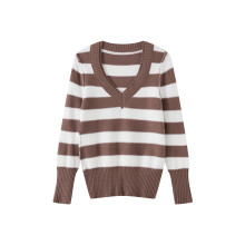 (L, Light Brown) Pulls en maille rayée à manches longues et col en V pour femme, coupe ajustée, automne-hiver