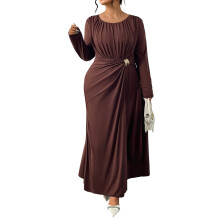 (XXXL, Khaki) Robe longue grande taille élégante pour femme, manches longues, col rond, taille cintrée, parfaite pour le quotidien.