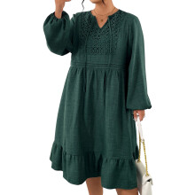(XXXL, Army Green) Robe d'automne grande taille pour femme, manches longues, col rond, taille haute, ceinture à nouer, robe midi