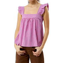 (M, Fuchsia) Débardeurs vichy pour futures mamans, manches papillon, col carré, dos nu, coupe ample, style streetwear été