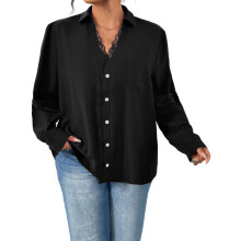 (XXL, Black) Chemisier d'automne femme grande taille, élégant, boutonné, col en V, manches longues, dentelle.