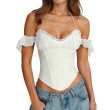 (L, Ivory) Women Halter Neck Tops Slim Solid Sleeveless Open Back Crop Shirts Trendy Summer Streetwear