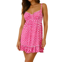 (L, Pink) Robe mini à pois pour femme, été tendance, sans manches, bretelles spaghetti, ourlet à volants
