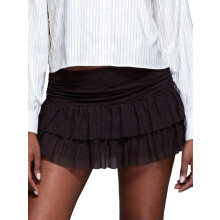 (L, Dark Brown) Minissaia feminina de cintura alta com camadas transparentes, ideal para o verão, uso diário, viagens e festas.