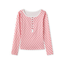 (L, Red) Hauts à manches longues pour femmes avec cœur, col rond, demi-boutonnés, style streetwear automne