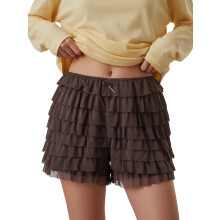 (L, Dark Brown) Short d'été décontracté pour femme, mini-short à volants, taille basse, nœud devant, couleur unie.