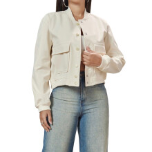 (XL, White) Veste courte d'automne femme, poches à rabat, manches longues, col rond, boutons-pression, style baseball.