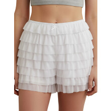 (S, White) Short d'été décontracté pour femme, mini-short à volants, taille basse, nœud devant, couleur unie.