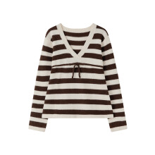(S, Dark Brown) Suéter de punto para mujer, manga larga, cuello en V profundo, rayas, lazo, decoración, otoño