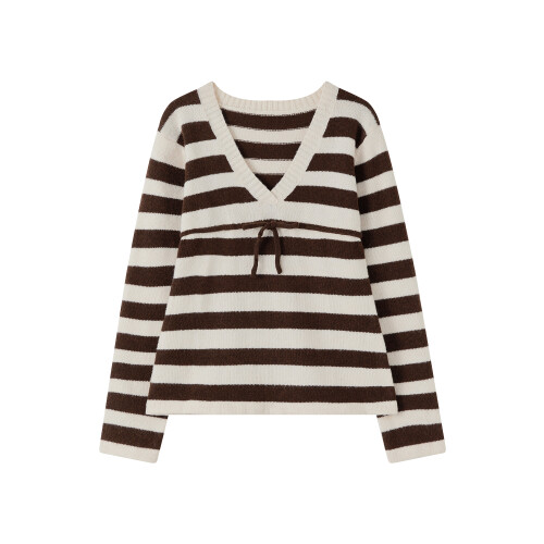 (S, Dark Brown) Γυναικεία τοπ με μακριά μανίκια, V ντεκολτέ, ριγέ και παπιγιόν