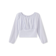 (S, White) Haut court d'automne femme, couleur unie, épaules dénudées, manches longues, ajusté, style streetwear