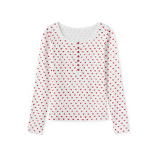 (S, White Red) Hauts à manches longues pour femmes avec cœur, col rond, demi-boutonnés, style streetwear automne