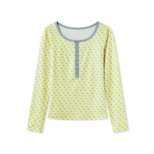 (S, Light Yellow) Hauts à manches longues pour femmes avec cœur, col rond, demi-boutonnés, style streetwear automne