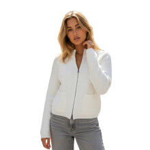(S, White) Suéter de mujer de otoño con cremallera, manga larga, cuello alto, color liso, tejido de punto y 2 bolsillos.