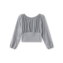 (S, Gray) Haut court d'automne femme, couleur unie, épaules dénudées, manches longues, ajusté, style streetwear