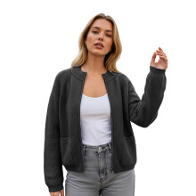 (XL, Black) Suéter de mujer de otoño con cremallera, manga larga, cuello alto, color liso, tejido de punto y 2 bolsillos.